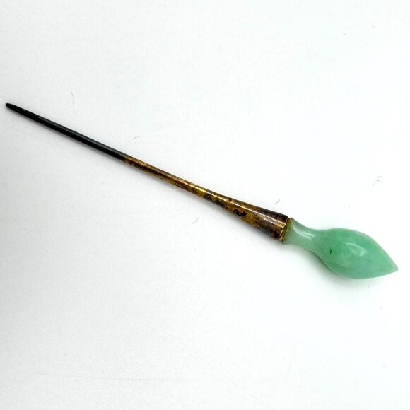Antique Chinese Green Jade Silver Hairpin Early 1900’s